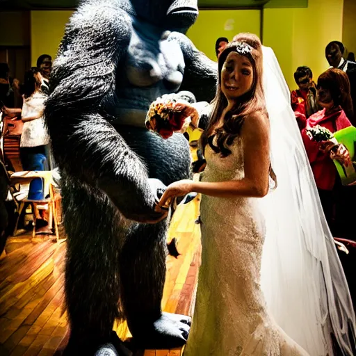 Prompt: king kong and godzilla get married, high resolution, great detail, wedding photography,