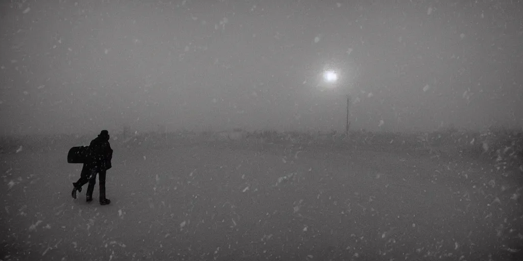 Image similar to photo of shiprock, new mexico during a snowstorm. a old man in a trench coat and a cane appears as a hazy silhouette in the distance, looking back over his shoulder. cold color temperature. blue hour morning light, snow storm. hazy atmosphere. humidity haze. kodak ektachrome, greenish expired film, award winning, low contrast.