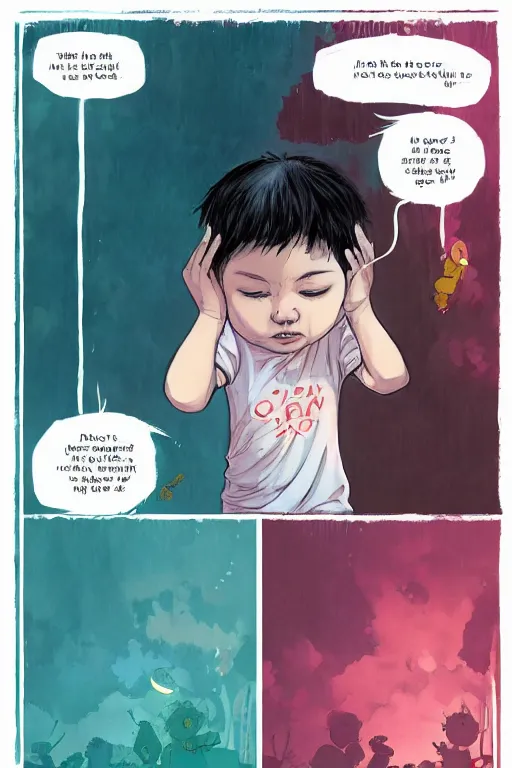 Image similar to child without dream, just sit and cry, art by jacqueline e, color by sam wilde and background by bo feng lin