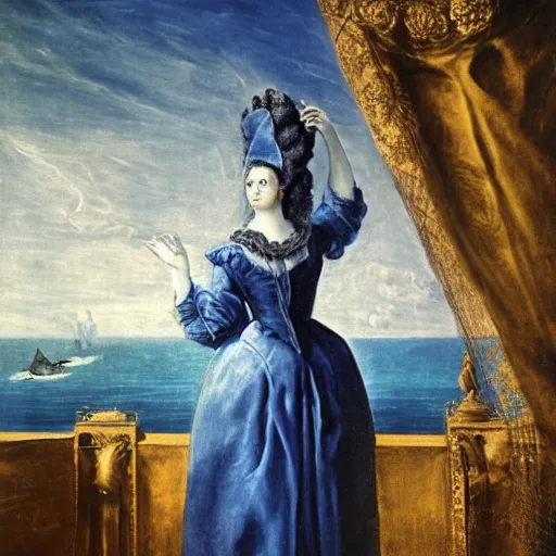 Image similar to Marie Antoinette levitating over the sea. El Greco, Remedios Varo, Salvador Dali, Carl Gustav Carus, John Atkinson Grimshaw. Blue tint. Symetrical, logo, geometric shapes, high detail, great lighting, 8k resolution, masterpiece, concept art, illustration