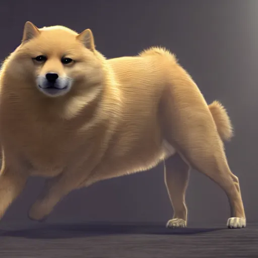 Image similar to Doge with donald trump body, realistic artstyle, wide shot, dramatic lighting, octane render, hyperrealistic, high quality, highly detailed, HD, beautiful, cinematic, 8k, unreal engine, facial accuracy, symmetrical