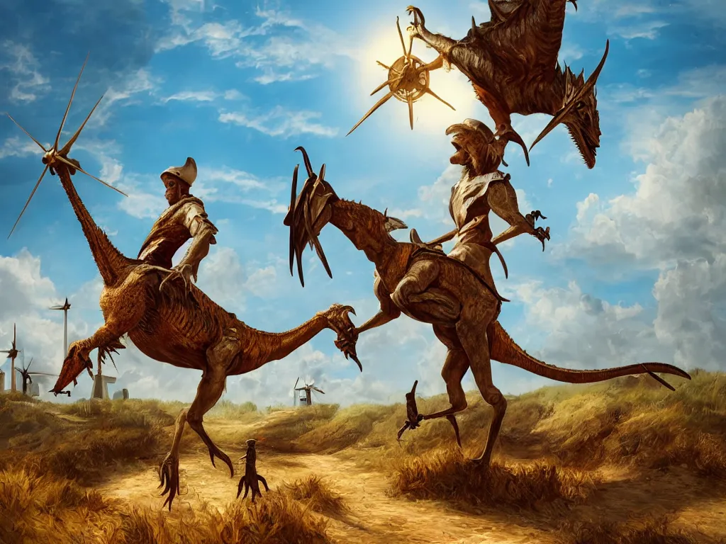 Prompt: portrait of don quixote sitting on a velociraptor in front of a windmill, summer, sun in the zenith, digital art, highly detailed, stunning scene, 4 k, realism, stunning scene, bright colors, trending on artstation, masterpiece