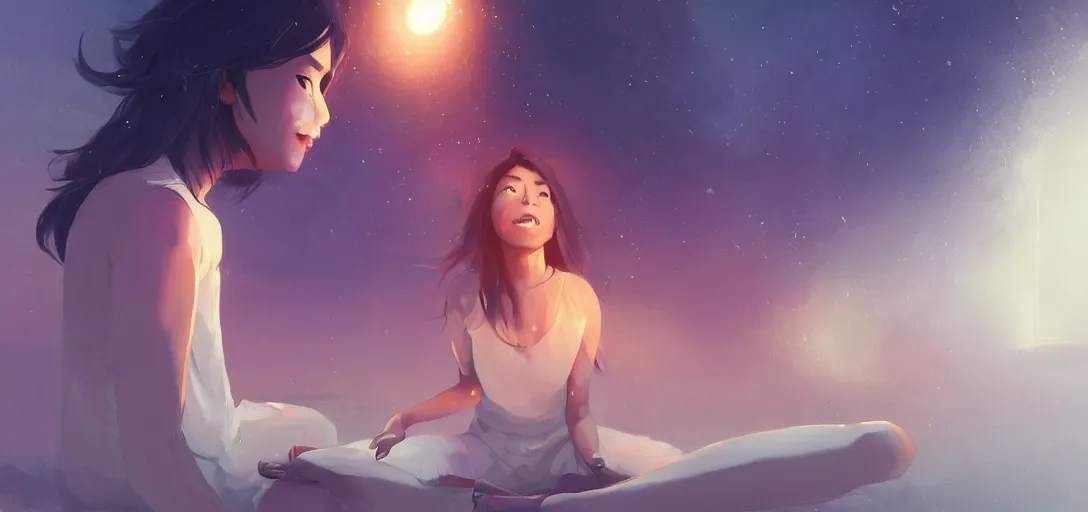 Prompt: Young Himalayan woman floating psychically amused as if discovering her powers for the first time | night time scene, plain walls |light hearted, white eyes, long messy hair | gentle lighting, futuristic, dim lighting, digital art by Makoto Shinkai ilya kuvshinov and Wojtek Fus, digital art, concept art,