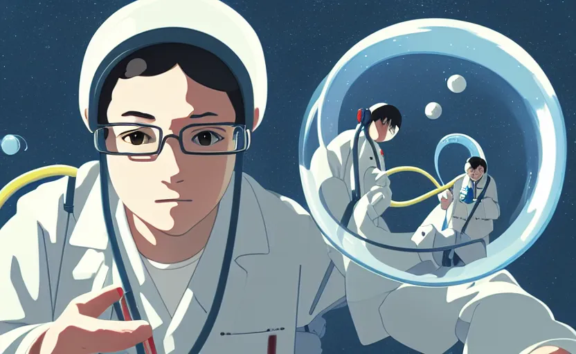 Image similar to a film still portrait of a nerdy scientist rocketing in a hallway cubic snake bubble, finely detailed features, closeup at the faces, chronenberg, perfect art, grimdark, trending on pixiv fanbox, painted by studio ghibli