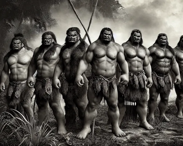 Image similar to hyper realistic group vintage photograph of a live action warcraft orc warrior tribe in the jungle, tall, hulk like physique, detailed faces, tribal paint, tribal armor, grain, old, monochrome, sepia toned, realistic lighting, wide angle