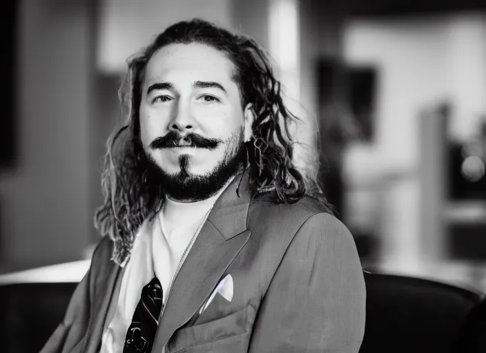 Image similar to dslr photo still of post malone as a stock broker, 8 k, 8 5 mm f 1 6