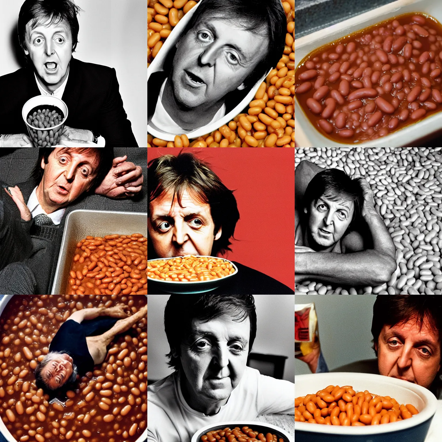 Prompt: paul mccartney lying in a bath of baked beans