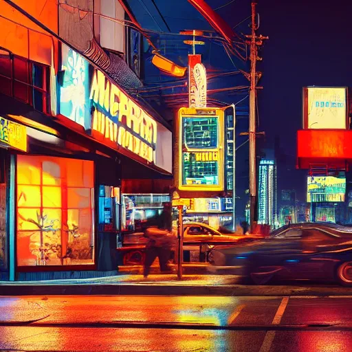 Image similar to Cyberpunk street corner at night with a McDonald\'s restaurant