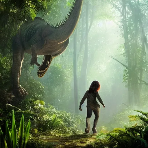 Image similar to tyrannosaurus rex walking through a jungle, atmosperic, dramatic lighting, trending on artstation, a still from pixar movie