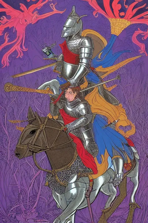 Prompt: medieval knight riding a horse in a magic kingdom pointing into the sky, shiny armor, colorful forest with flying faires, wizards and magic mushrooms in the background, illustrated by james jean, very detailed, comicbook cover