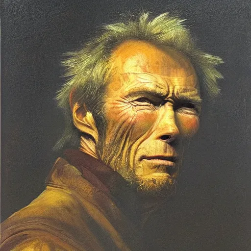 Prompt: wide eyed clint eastwood by rembrandt, intricate, ultra detailed painting, atmospheric lighting, golden hour