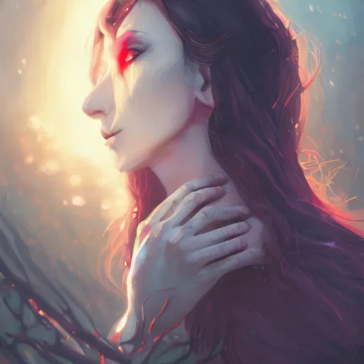 Image similar to Portrait of a vampire in a beautiful haunting world, horror, intricate, elegant, fantasy, highly detailed, digital painting, concept art, sharp focus, illustration, beautiful volumetric lighting, epic light, artstation, magic hour lighting, colorful, sunshine, springtime, art by Sylvain Sarrailh