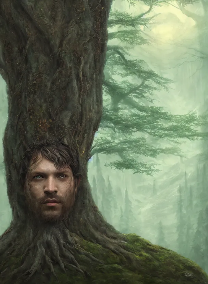Image similar to a face portrait of the tree god guarding the temperate forests from skyrim, fantasy setting, serene environment, serene colors, soft lighting, atmospheric, cinematic, moody, in the style of diego koi, gina heyer, luiz escanuela, art by alyssa monk, hyperrealism, rule of thirds, golden ratio, oil on canvas, 8 k