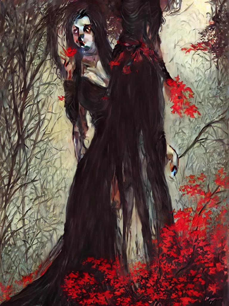 Image similar to detailed oil painting of sad bride in scary black under the god ray, red leaves on the ground, art by artgerm and greg rutkowski and alphonse mucha