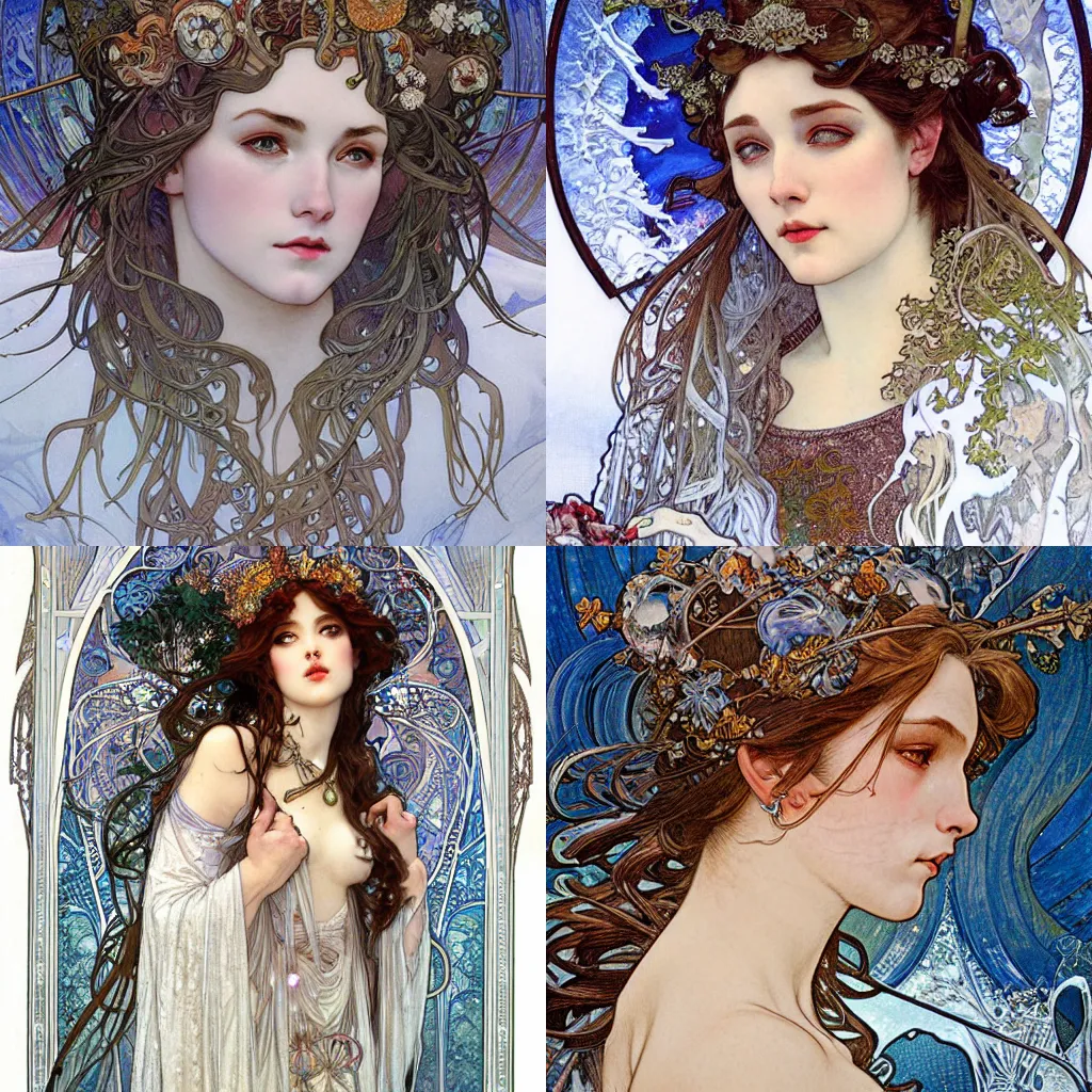 Prompt: realistic detailed face portrait in profile of the goddess of winter surrounded by icicles by Alphonse Mucha, Ayami Kojima, Amano, Karol Bak, Greg Hildebrandt, Jean Delville, and Mark Brooks, Art Nouveau, Neo-Gothic, gothic, rich deep moody colors