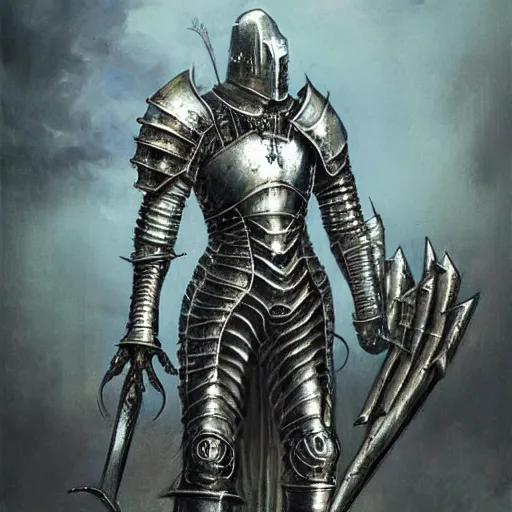 Image similar to a medieval styled cyborg armor, by hr giger, kentaro miura, wayne barlowe, bloodborne, dark souls, breathtaking, sense of awe