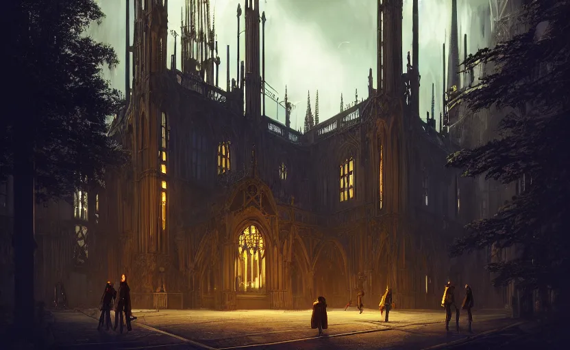 Image similar to exterior shot of utopian gothic steampunk victorian english architecture with cinematic lighting by zaha hadid peter zumthor and renzo piano and, darek zabrocki and greg ruthkowski, simon stalenhag, cinematic, holy place, paradise, scifi, futurism, atmospheric, concept art, artstation, trending on artstation