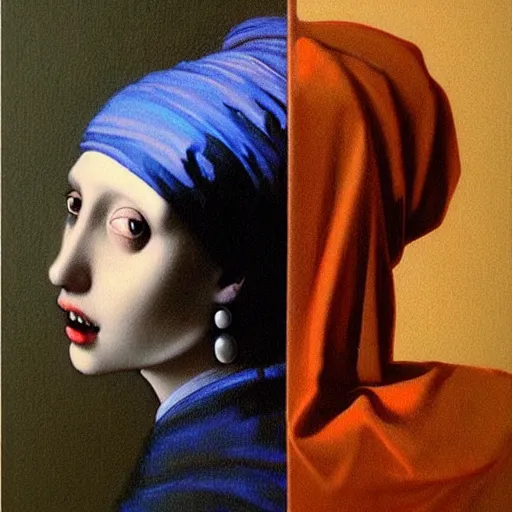 Prompt: painting of vampire girl with a Pearl Earring by Zdislaw Beksinski