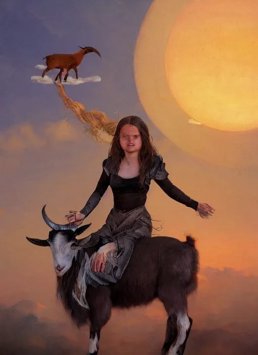 Image similar to symmetry!!! half length portrait of a biblical diabolical witch! girl burning riding a cute goat, fire, clouds, sunset, studio light, by beeple, by mikhail vrubel, by peter elson, muted colors, extreme detail, trending on artstation, 8 k