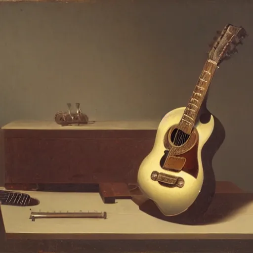Prompt: still life of a guitar, matte painting, 1853, award-winning