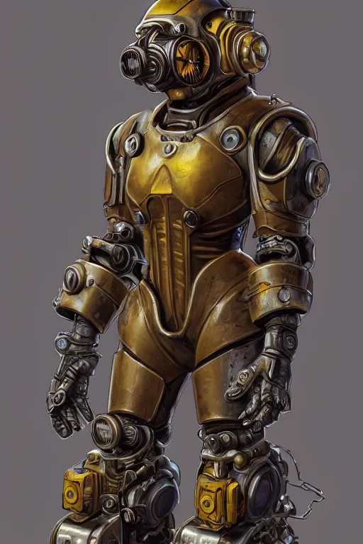 Image similar to hardmesh retro futurist steampunk fallout 7 6 power armor, hyper realistic, art cover, official fanart behance hd artstation by jesper ejsing, by rhads, makoto shinkai, final fantasy, unreal engine highly rendered, global illumination, radiant light, intricate environment radiating a glowing aura global illumination ray tracing hdr