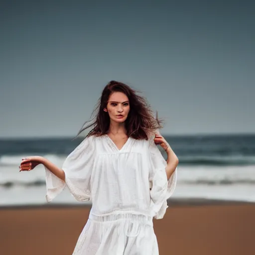 Image similar to lonely wonderful lady with a white large magnificent more and more vaporous ,wrapped ,hight decorated,detailed ,white roses cotton dress is moving in the sand near the ocean, during lightning storm, her face is visible , 8k