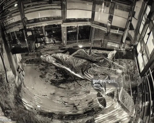 Image similar to camera footage of a giant Mantis in an abandoned shopping mall, high exposure, dark, monochrome, camera, grainy, CCTV, security camera footage, timestamp, zoomed in, fish-eye lense, Preying Mantis,