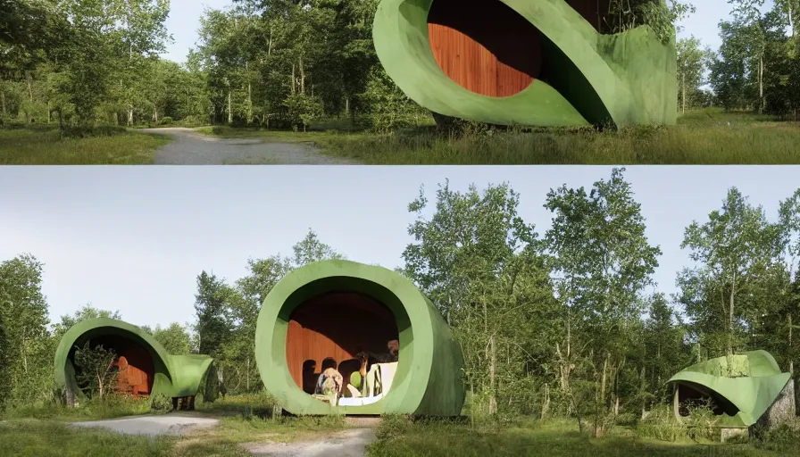 Image similar to A unique innovative and creative eco community of small affordable and contemporary creative cabins in a lush green forest with soft rounded corners and angles, 3D printed line texture, made of cement, connected by sidewalks, public space, and a park, Design and style by Zaha Hadid, Wes Anderson and Gucci