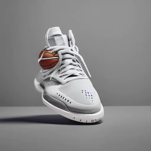 Image similar to a studio photoshoot of A Nike basketball sneaker designed by Virgil Abloh, mesh fabrics, Off-White, realistic, color film photography by Tlyer Mitchell, 35 mm, graflex