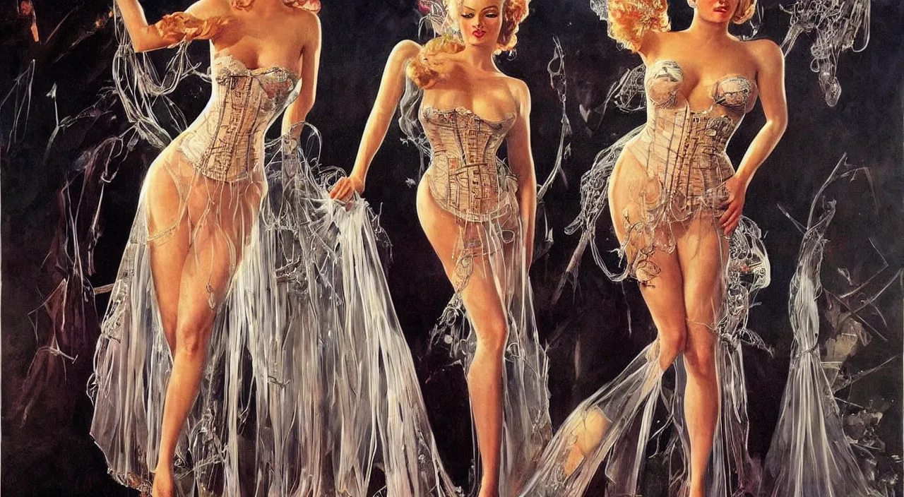 Prompt: donald j trump wearing transparent corset dress, intricate, highly detailed, fantasy painting, sharp focus, art by frank frazetta and salvador dali