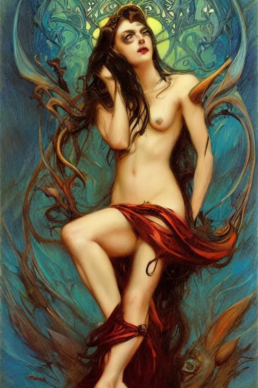 Image similar to Devil by Gaston Bussière in the style of Tom Bagshaw, art nouveau