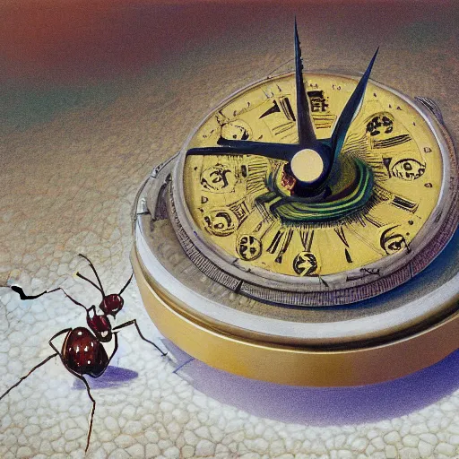 Prompt: surrealist landscape, clock melting, ant city, painting, highly detailed