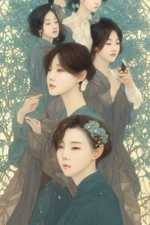 Image similar to beautiful cottagecore BTS k-pop band, phone wallpaper. intricate, elegant. the background is babylue !. highly detailed, digital painting, artstation, concept art, smooth, sharp, focus, illustration. . art by artgerm and greg rutkowski and alphonse mucha