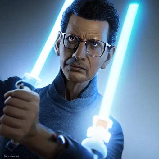 Image similar to hyperrealistic jeff goldblum wielding lightsaber, stunning 3 d render inspired by istvan sandorfi & xiang duan, perfect symmetry, dim volumetric cinematic lighting, 8 k octane comprehensive render, extremely mega hyper - detailed and lifelike attributes & atmosphere, intricate, realistic flesh texture, masterpiece, artstation, stunning,