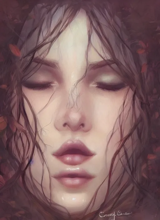 Image similar to girl lying in forest, face close up, art by charlie bowater