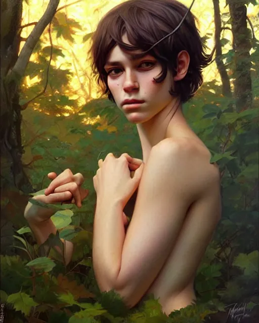 Prompt: stylized portrait of an artistic pose, composition, young faun surrounded by nature, realistic shaded, fine details, realistic shaded lighting poster by ilya kuvshinov, magali villeneuve, artgerm, jeremy lipkin and michael garmash and rob rey