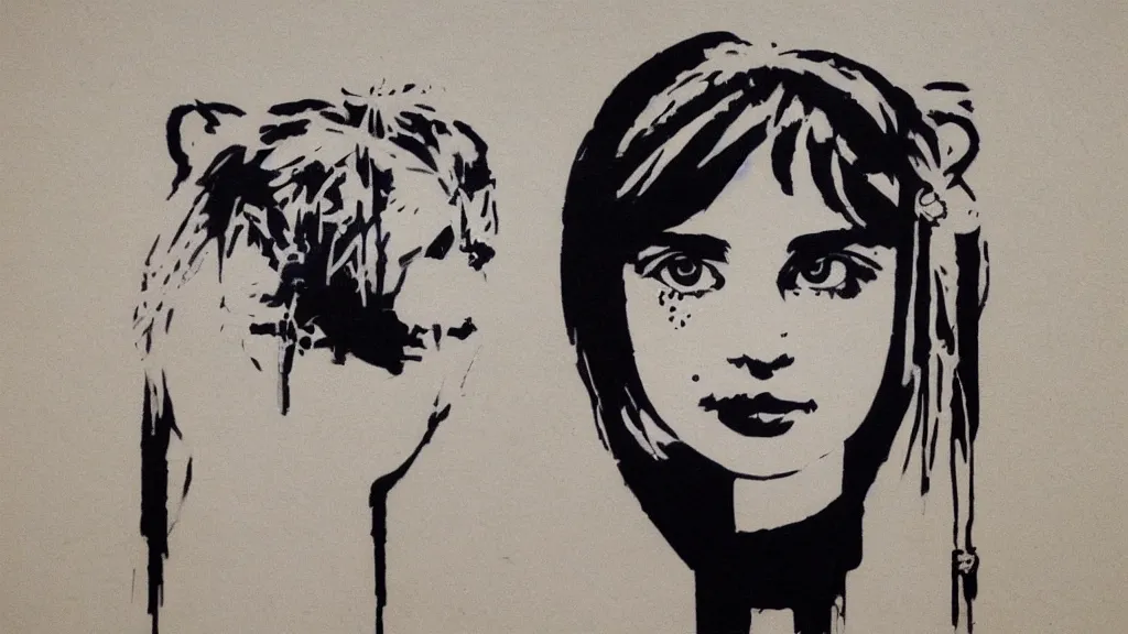 Prompt: A decent single young gril portrait by Banksy.