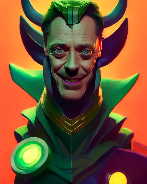 Image similar to portrait, steve buscemi as loki, bright backlit, key lighting, smooth, gaudy colors, maya render, octane render aesthetic, lol matte painting concept art, official fanart behance hd artstation by jesper ejsing, by rhads and makoto shinkai and lois van baarle and ilya kuvshinov and rossdraws