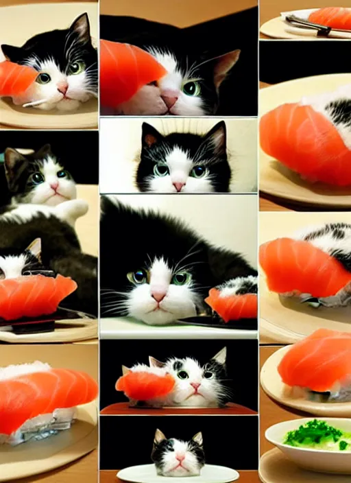 Image similar to clear photorealistic picture of adorable cats made out of sushi