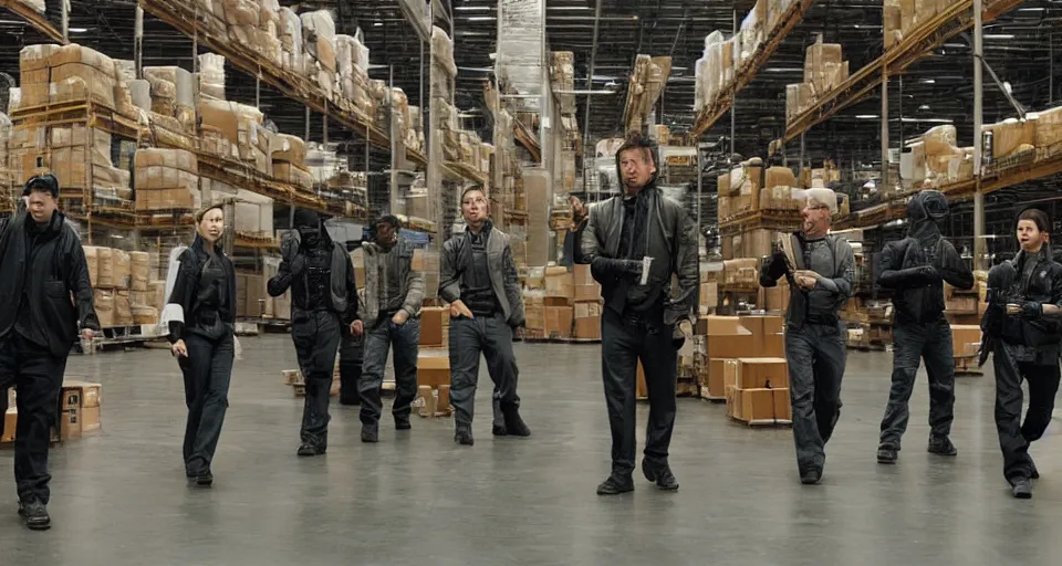 Image similar to film still of a heist movie about liberating Amazon warehouse workers directed by Denis Villeneuve