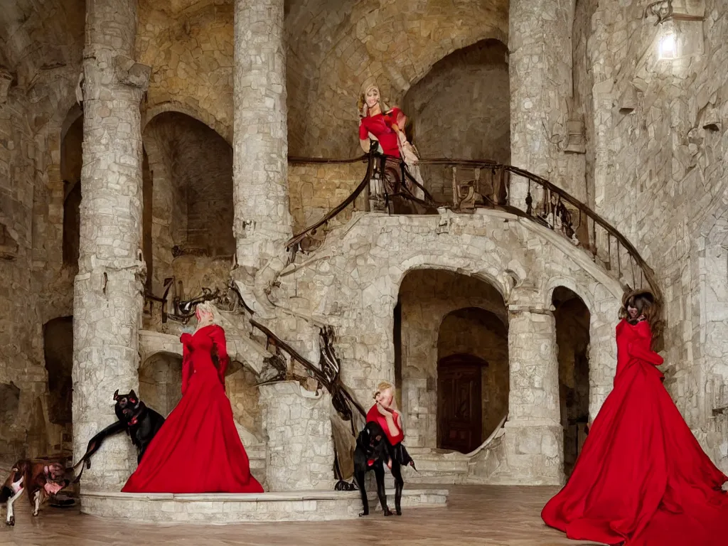 Image similar to An impressive castle entrance, a beautiful woman wearing a red dress, coming down the stairs, sided by two fierce Dobermans, art directed by Martin de Thurah and shot by Kasper Tuxen