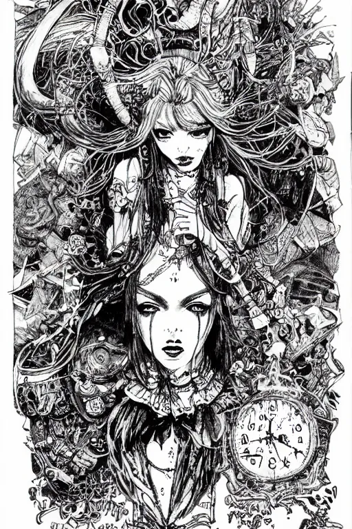 Image similar to Punk Alice in wonderland tarot card , pen and ink, intricate line drawings, by Yoshitaka Amano, Ruan Jia, Kentaro Miura, Artgerm, watercolor