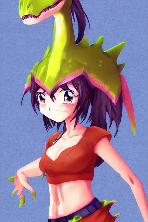 Prompt: an anime girl cosplaying as a dinosaur, anime character design, digital art, gradient shading, 4k