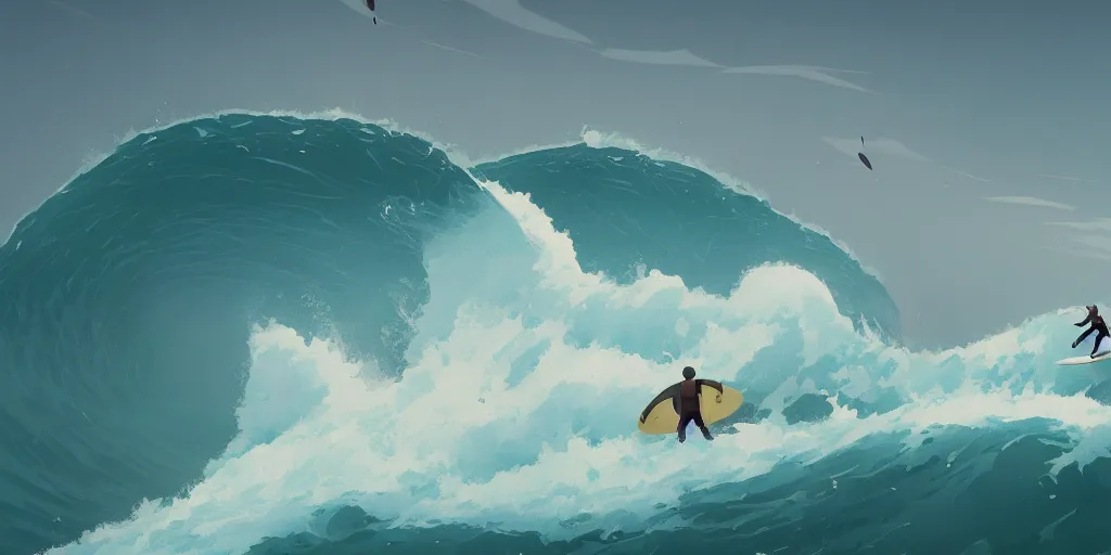 Image similar to big wave surfers by Goro Fujita and Simon Stalenhag , 8k, trending on artstation, hyper detailed, cinematic