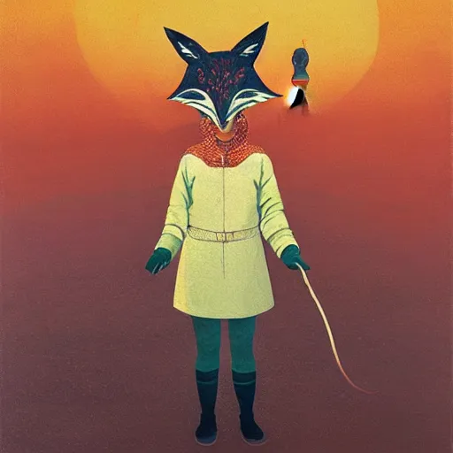 Prompt: little girl with fox mask on the prowl oil painting victo ngai