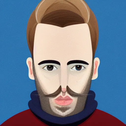 Prompt: gangly 30 year old dark blond man with dark blond hair long on top medium down the sides, blond beard, small chin, rectangular face, thin lips, English heritage, small blue eyes, middle aged, wearing a turtleneck and jacket, pale skin, narrow face, digital art, painterly, cartoon, cute, 8k, illustration, art by loish, painterly, trending on artstation, medium shot, uncropped