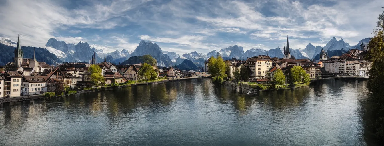 Image similar to Photo of Zurich, looking down the Limmat at the lake and the alps, Hardturm, Grossmünster, wide angle, volumetric light, hyperdetailed, mountain water, artstation, cgsociety, 8k