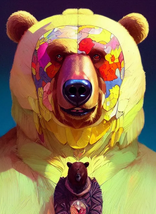 Image similar to portrait of anthropomorphic bear, colorful, highly detailed, digital painting, artstation, concept art, smooth, sharp focus, illustration, art by artgerm and greg rutkowski and alphonse mucha