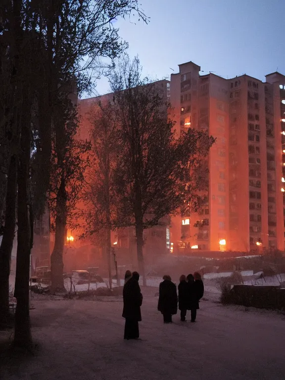 Image similar to film still of low russian residential building in suburbs, lights are on in the windows, deep night, post - soviet courtyard, cozy atmosphere, light fog, street lamps with orange light, several birches nearby, several elderly people stand at the entrance to the building