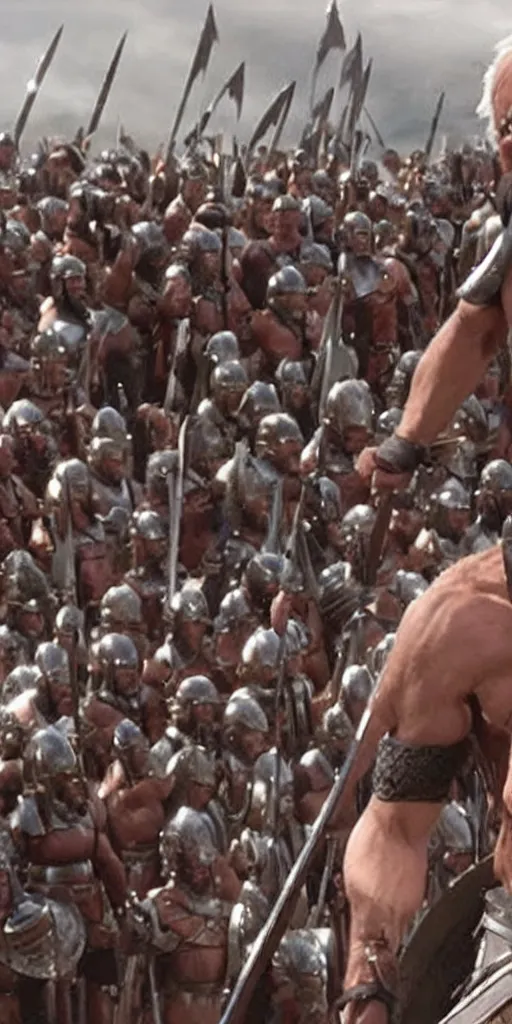Image similar to Bernie Sanders dressed as Leonidas, with Leonidas beard, leading Spartans into battle, in screenshot from the 300 movie